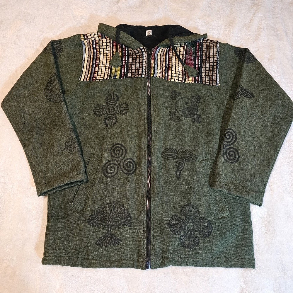 Nepal Handmade Olive Green Bohemian-Style Hoodie Unisex Size Small/Medium - Picture 1 of 10